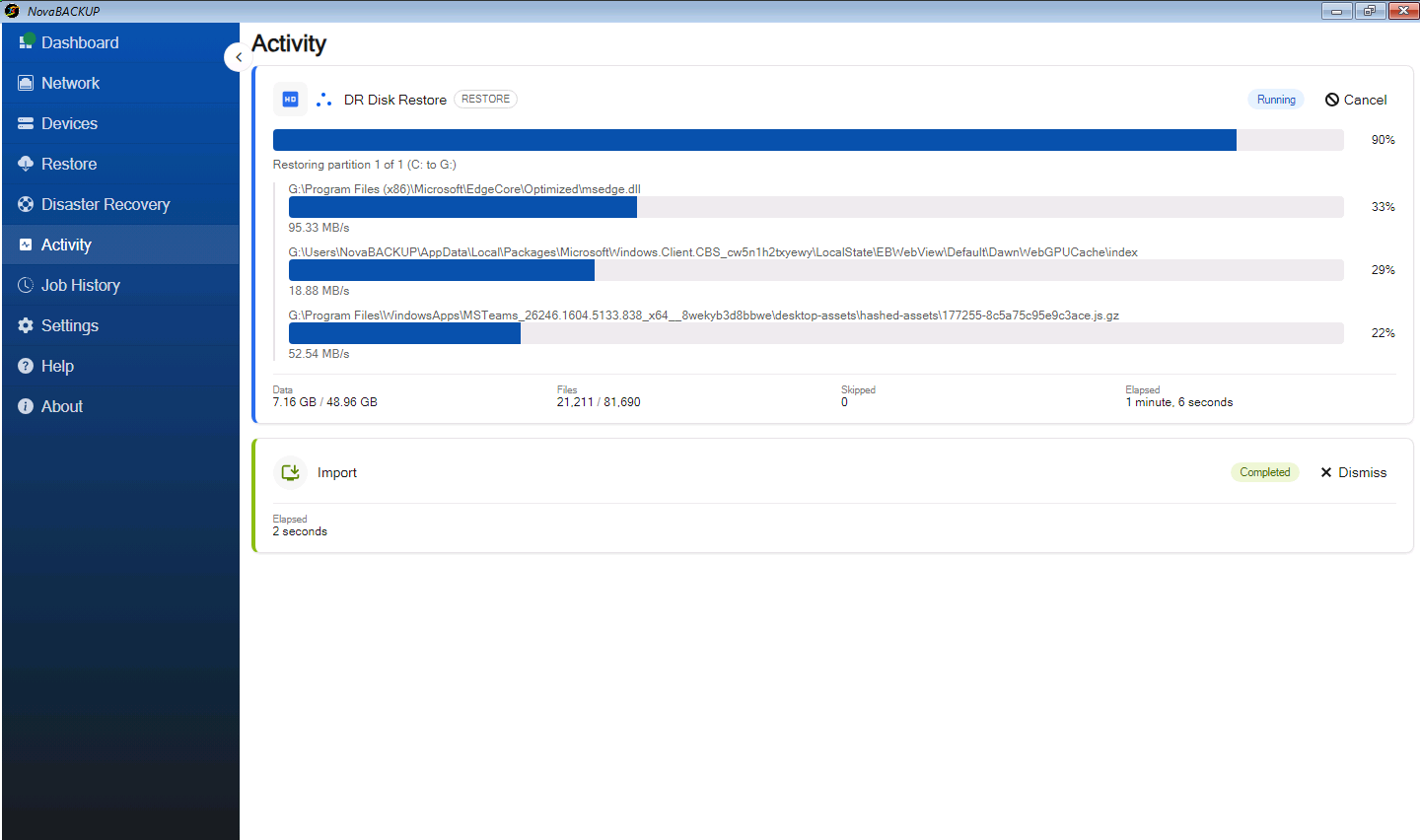 Activity page showing the disk restore