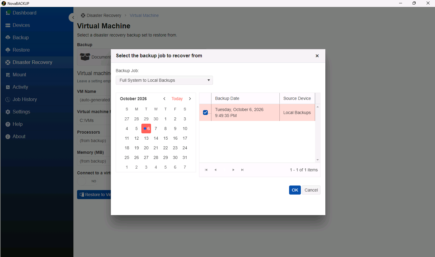 Backup set picker with the full system backup job selected