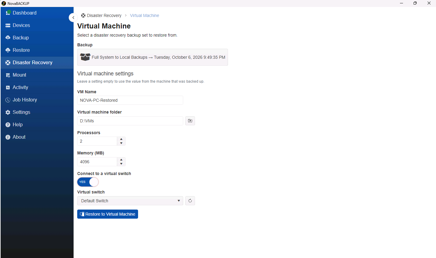 Virtual Machine restore page with VM name, folder, processors, memory, and virtual switch settings