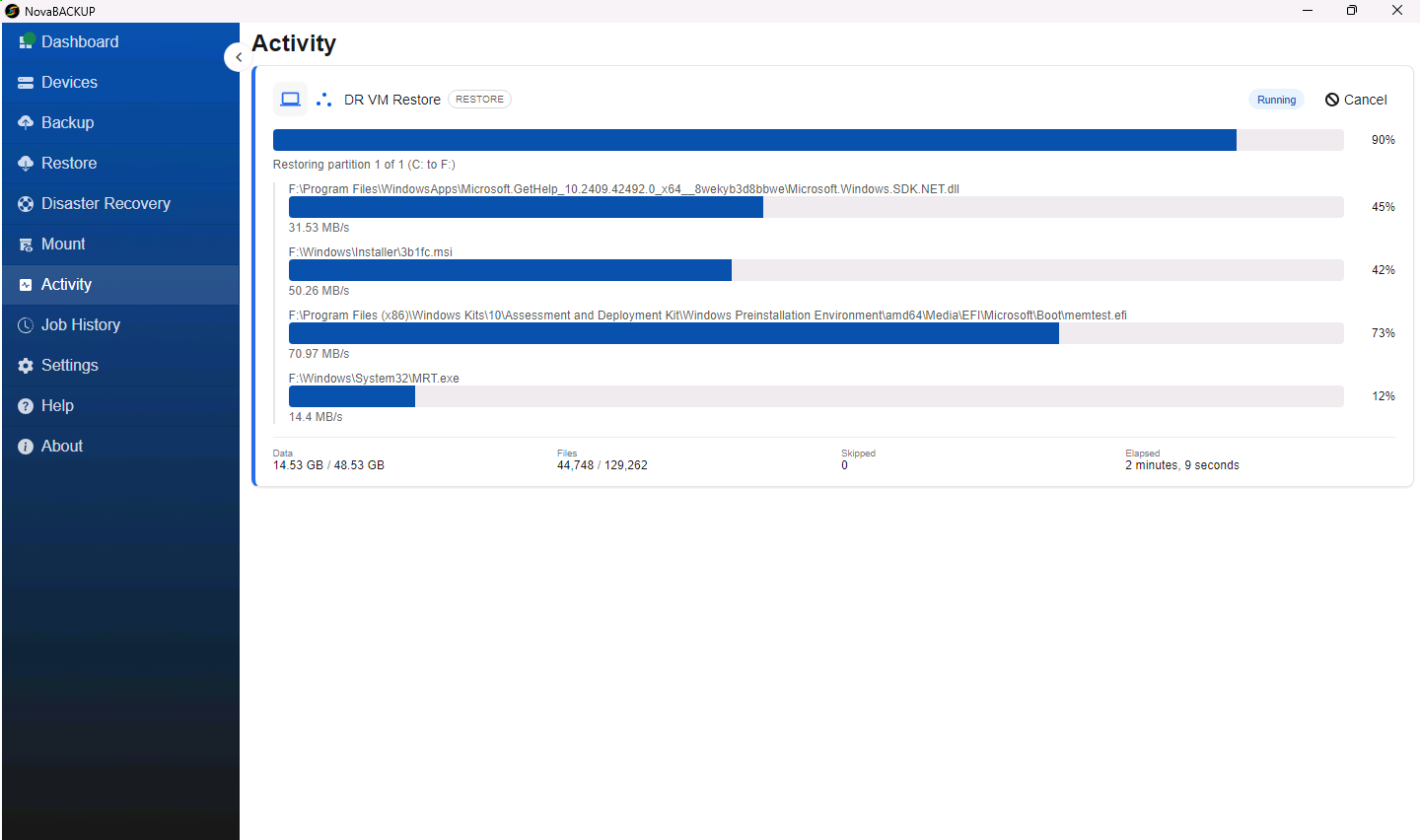 Activity page showing the DR VM Restore job