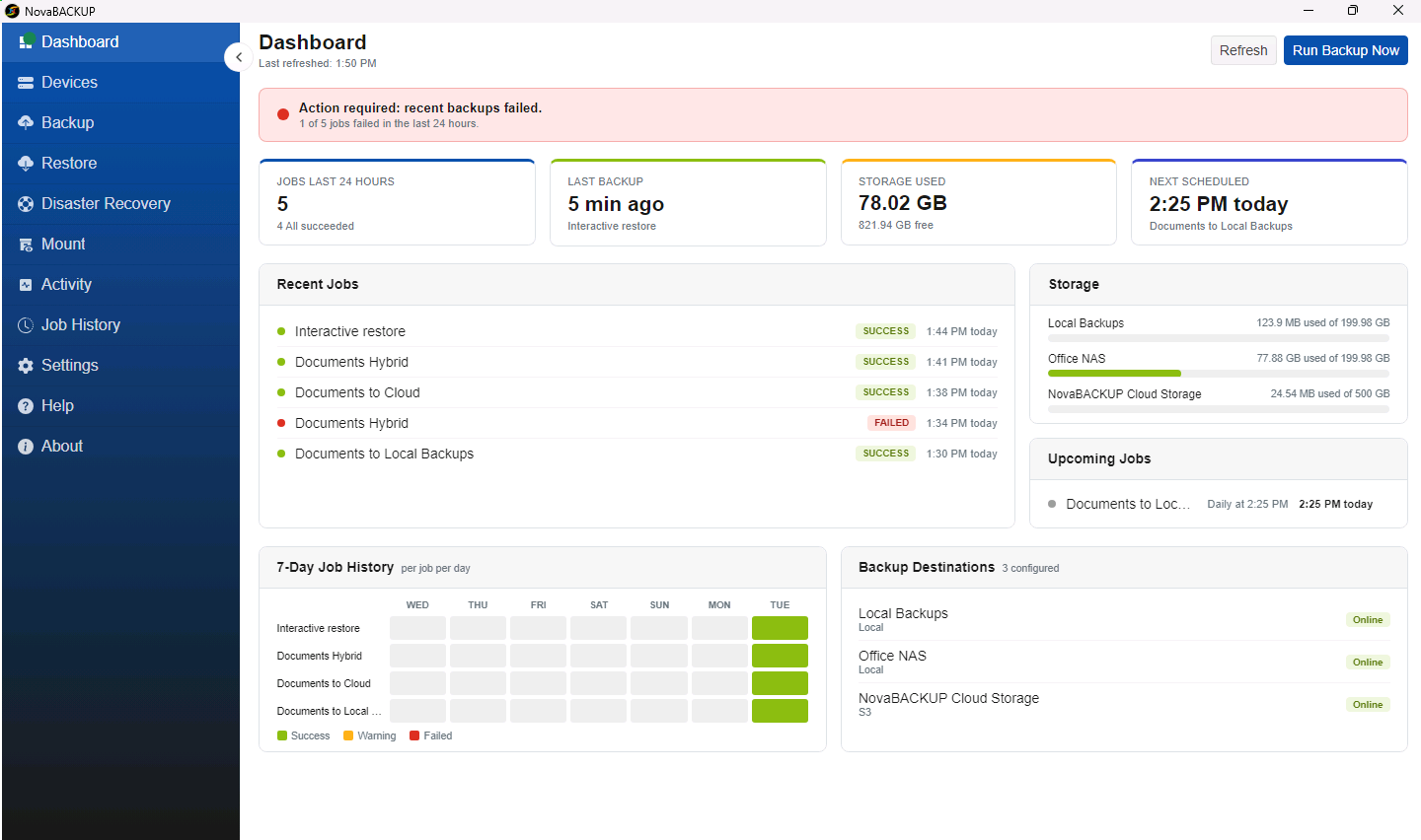 NovaBACKUP Dashboard with recent jobs, storage use, upcoming jobs, and the 7-day job history