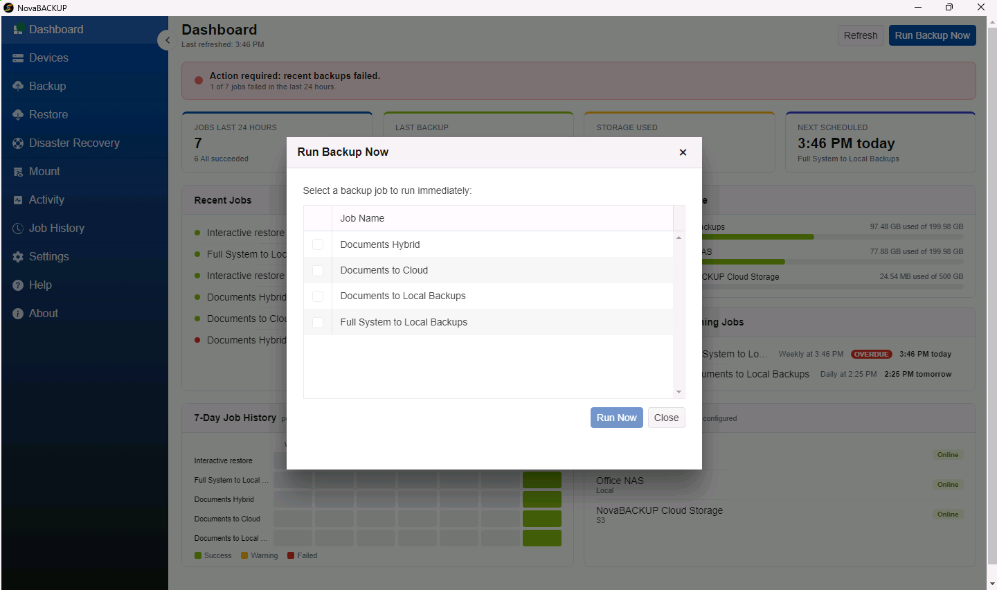 Run Backup Now dialog listing the backup jobs
