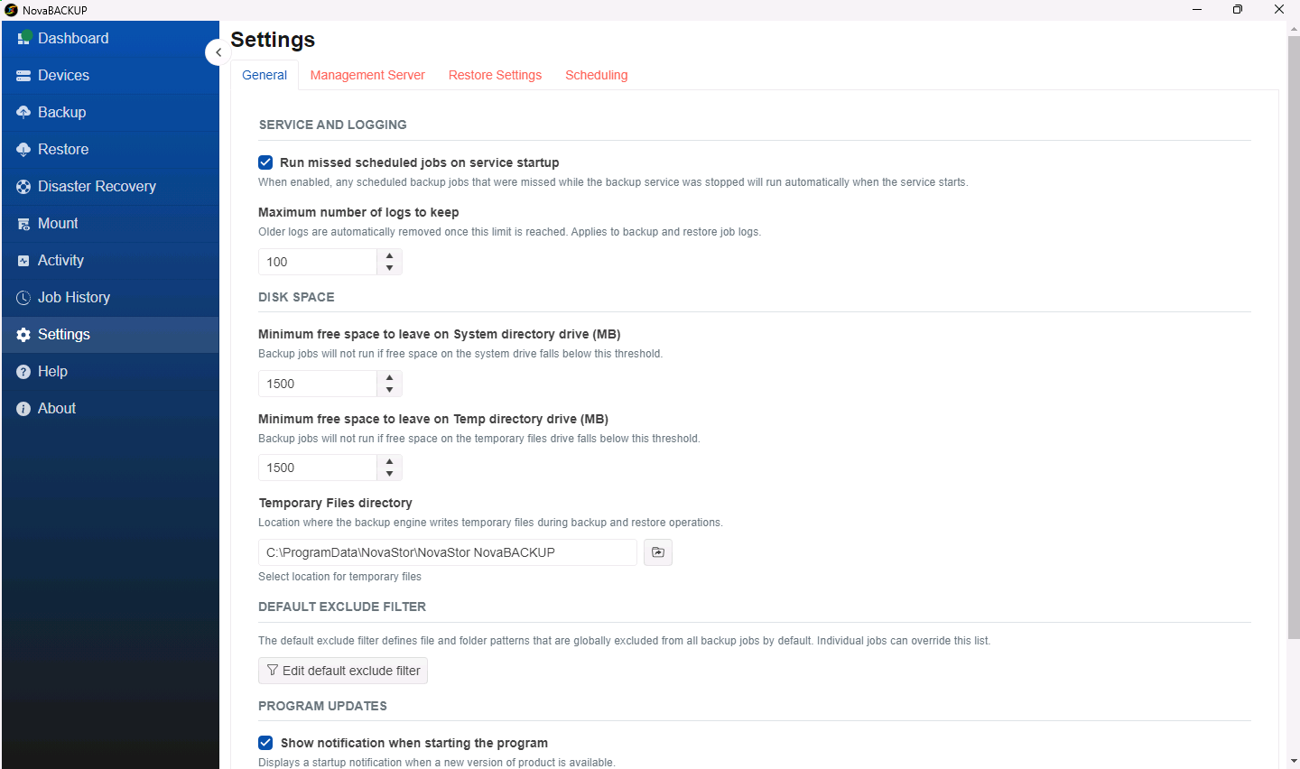 Settings page on the General tab