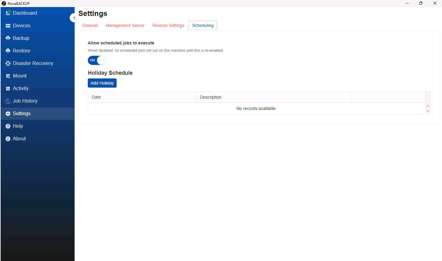Settings page on the Scheduling tab