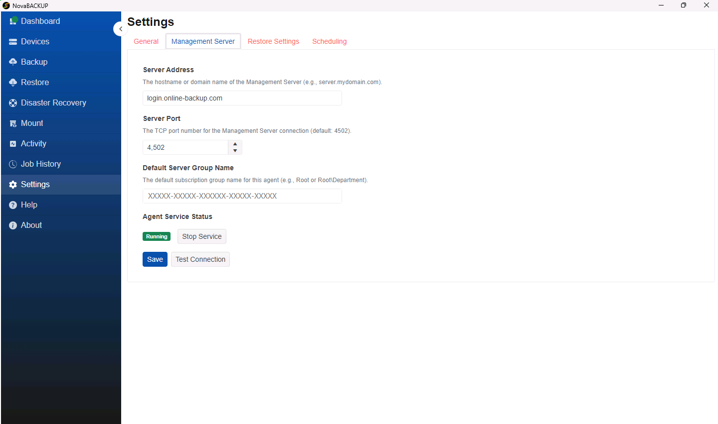Settings page on the Management Server tab