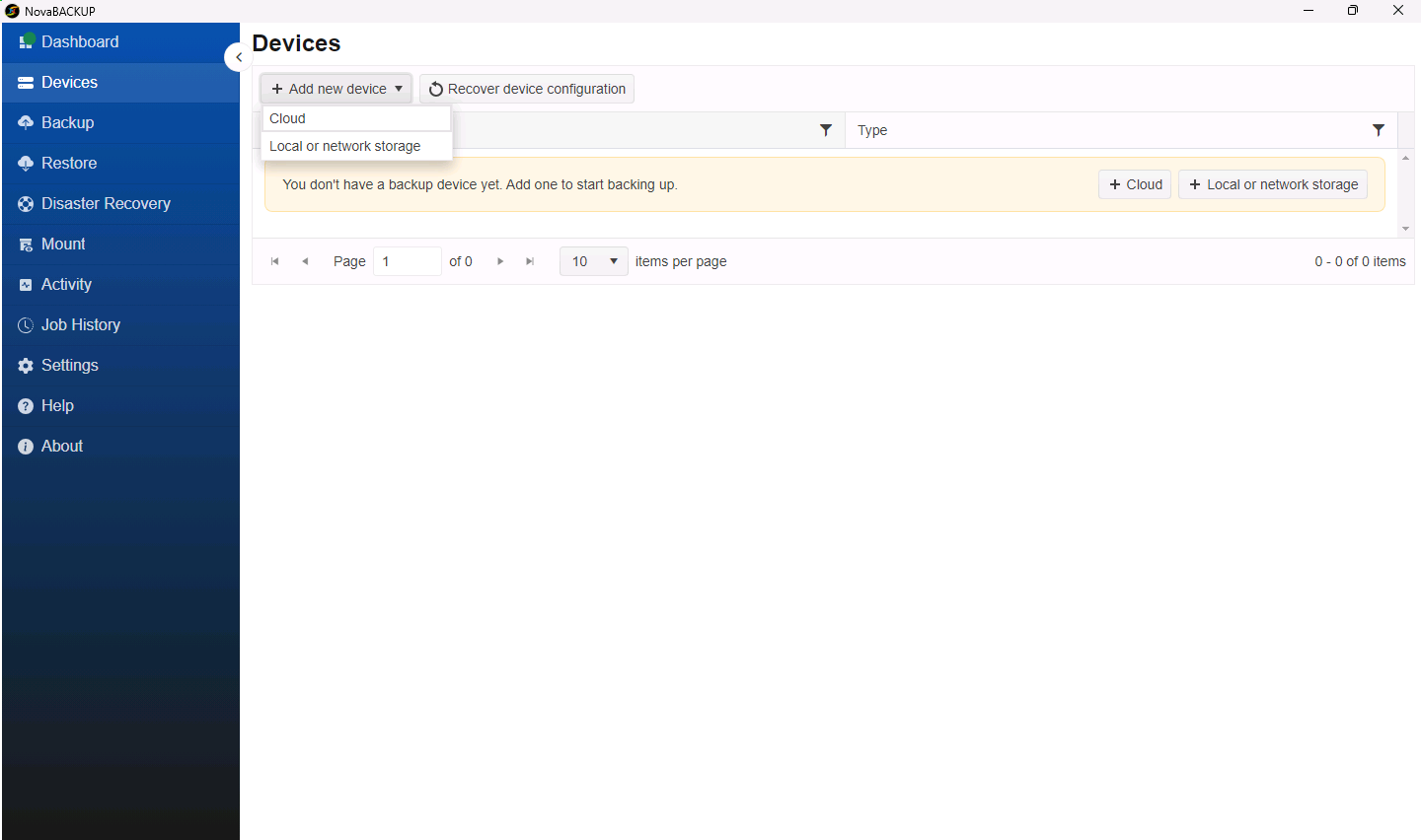 Add new device menu on the Devices page