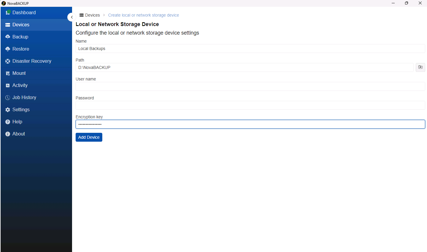 Local device named Local Backups with path D:\NovaBACKUP