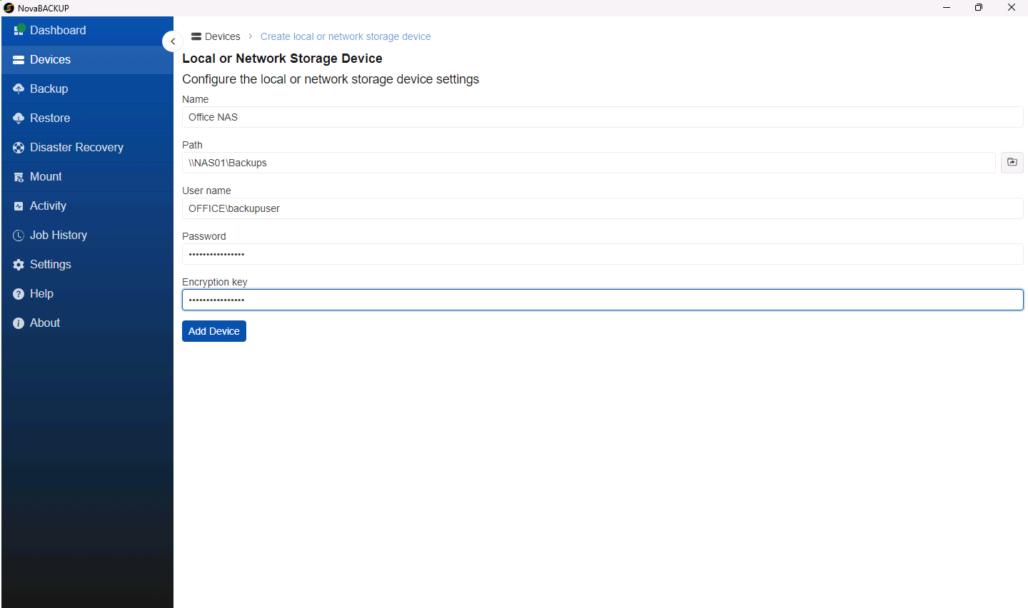 Network device named Office NAS with path \\NAS01\Backups and a user name