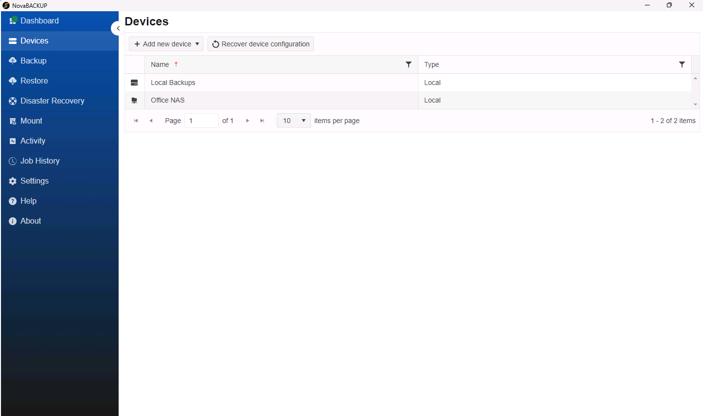 Devices page listing Local Backups and Office NAS
