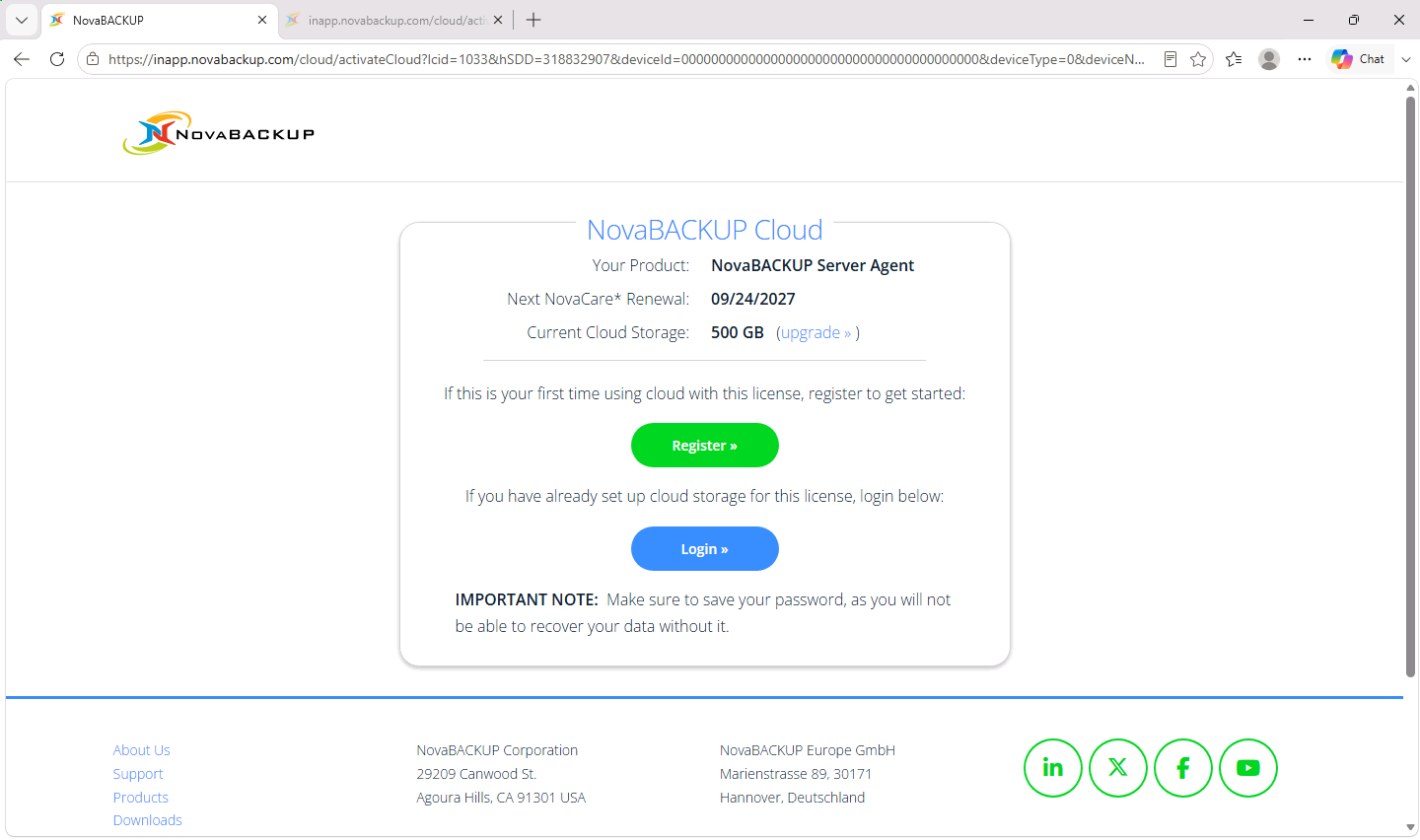 NovaBACKUP Cloud page with Register and Login buttons