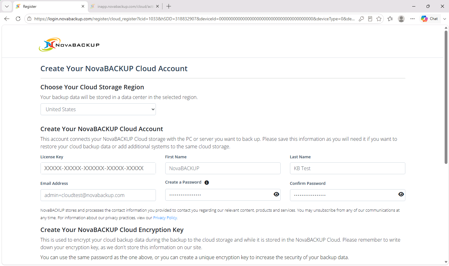 Create Your NovaBACKUP Cloud Account form