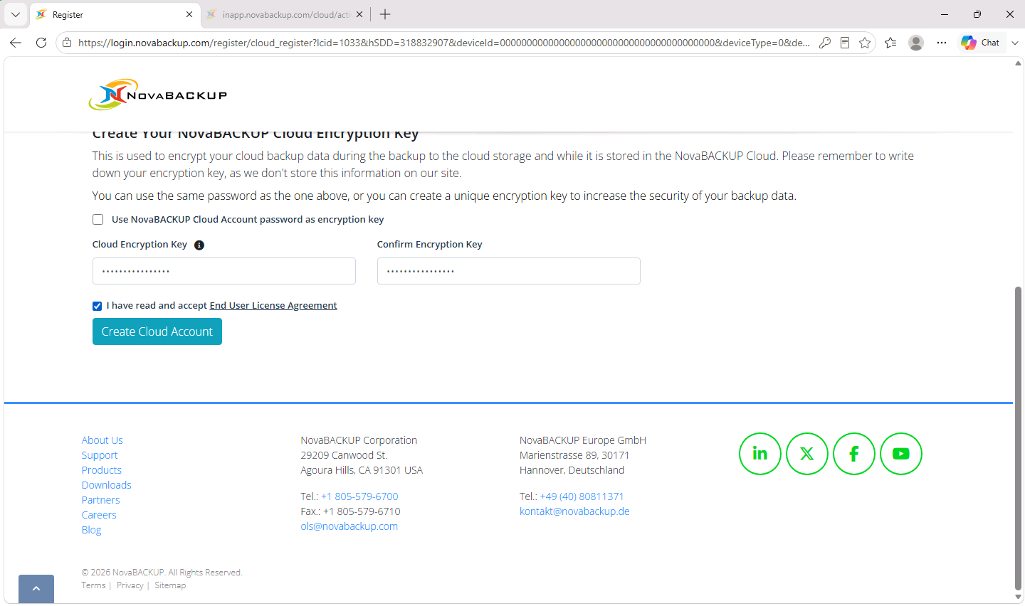 Cloud encryption key section with the End User License Agreement check box