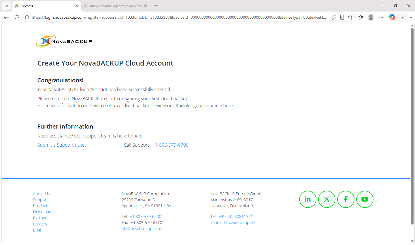 Account created confirmation page