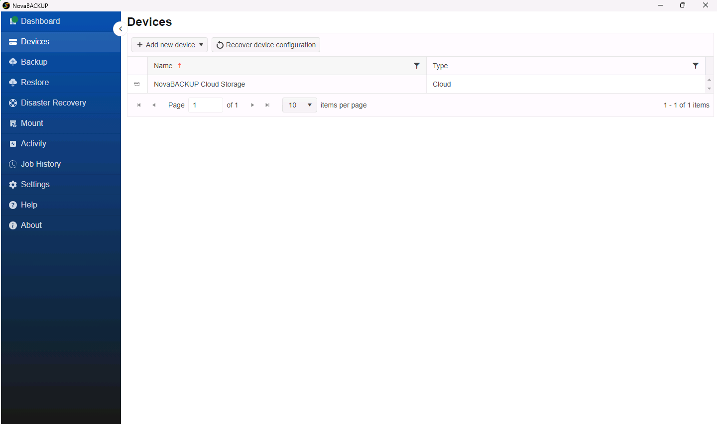 Devices page with NovaBACKUP Cloud Storage listed