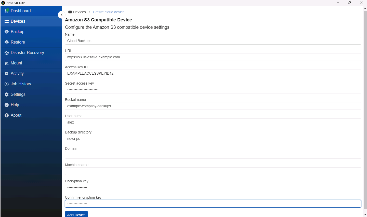 Amazon S3 Compatible Device form filled in with example values