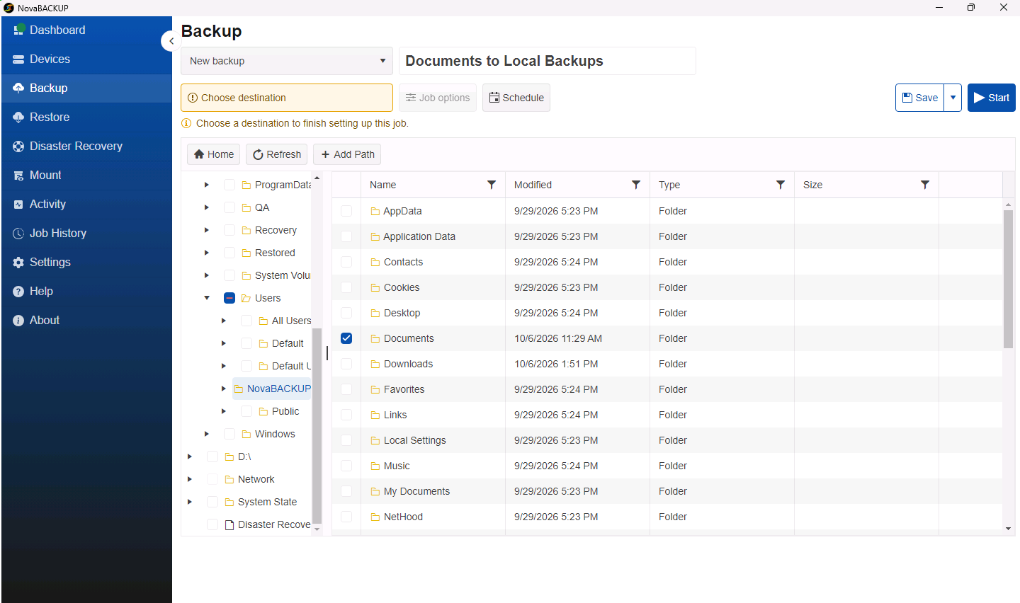 Backup page with the Documents folder selected