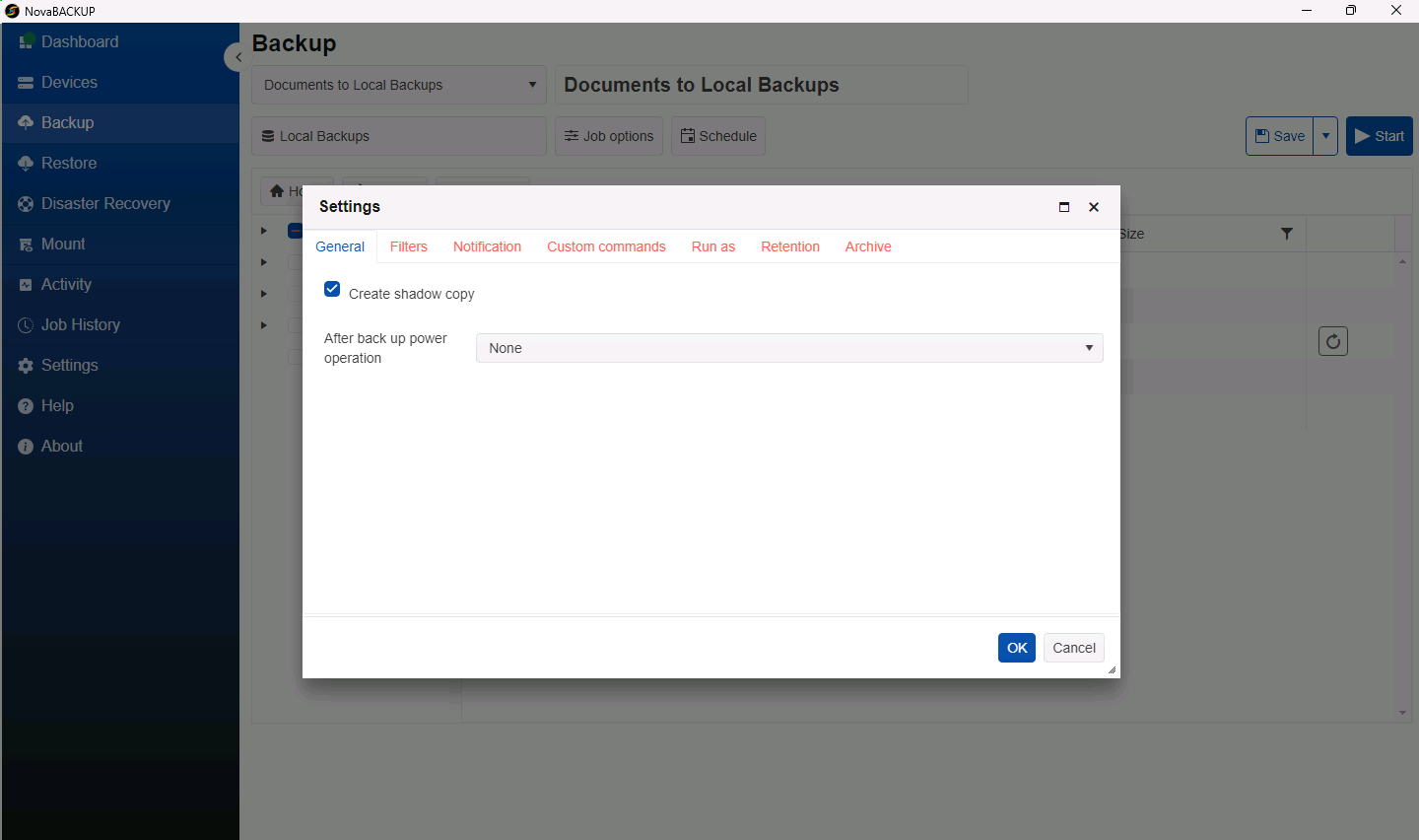 Settings dialog on the General tab