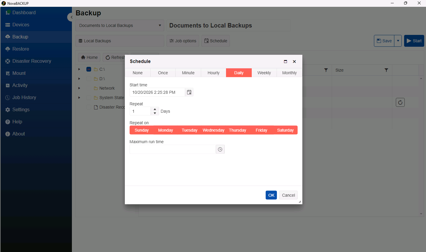 Schedule dialog with Daily selected