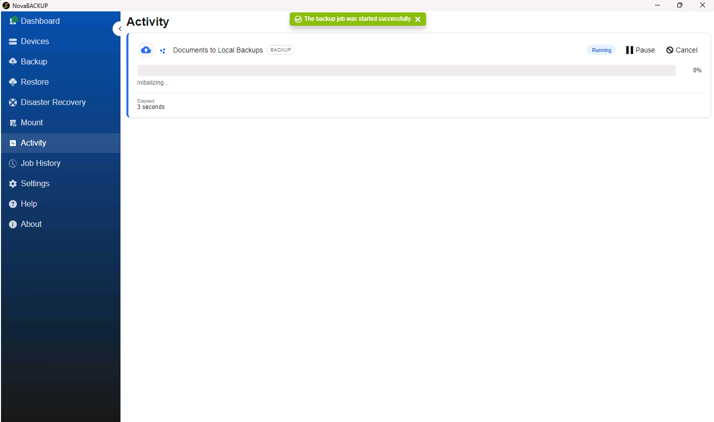 Activity page showing the new job running