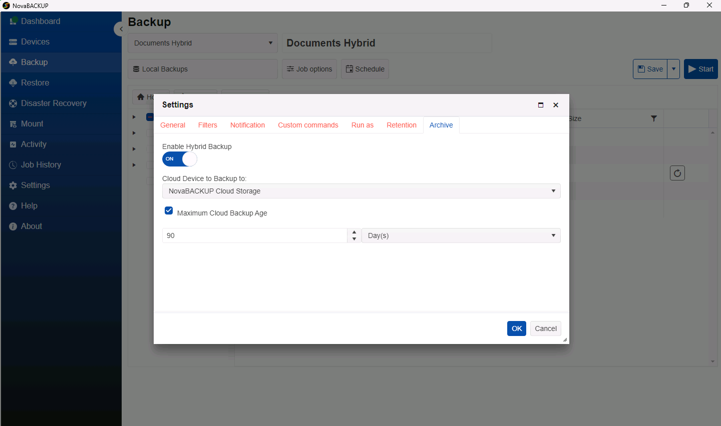 Archive tab with Enable Hybrid Backup on, NovaBACKUP Cloud Storage selected, and a maximum cloud backup age of 90 days