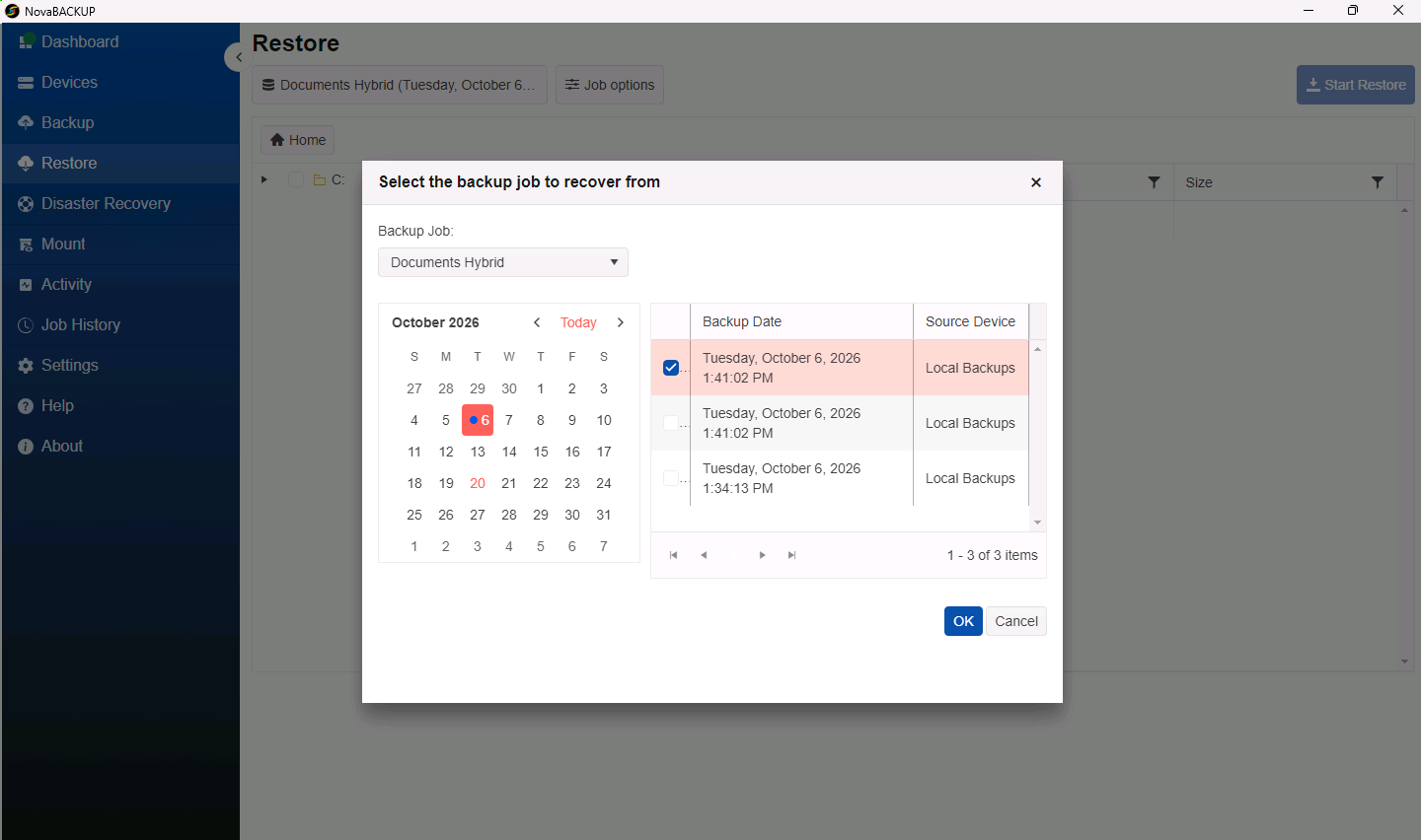 Select the backup job to recover from dialog with a calendar and a list of backup sets