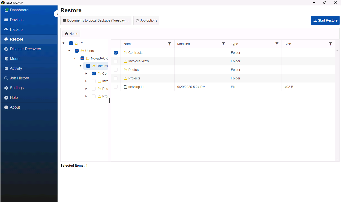 Restore page with the Contracts folder selected
