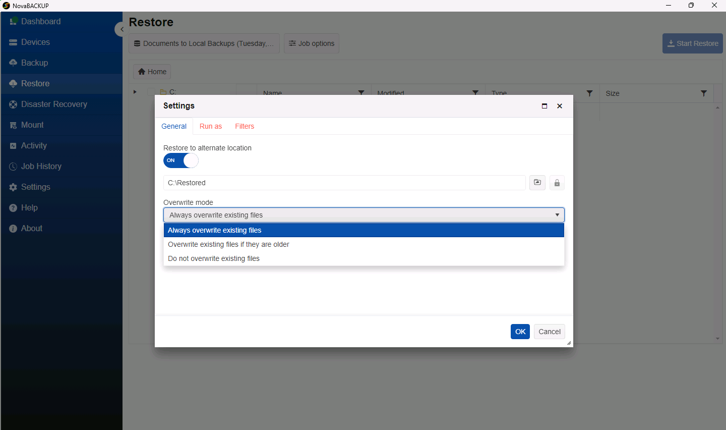 Restore settings with an alternate location and the Overwrite mode list