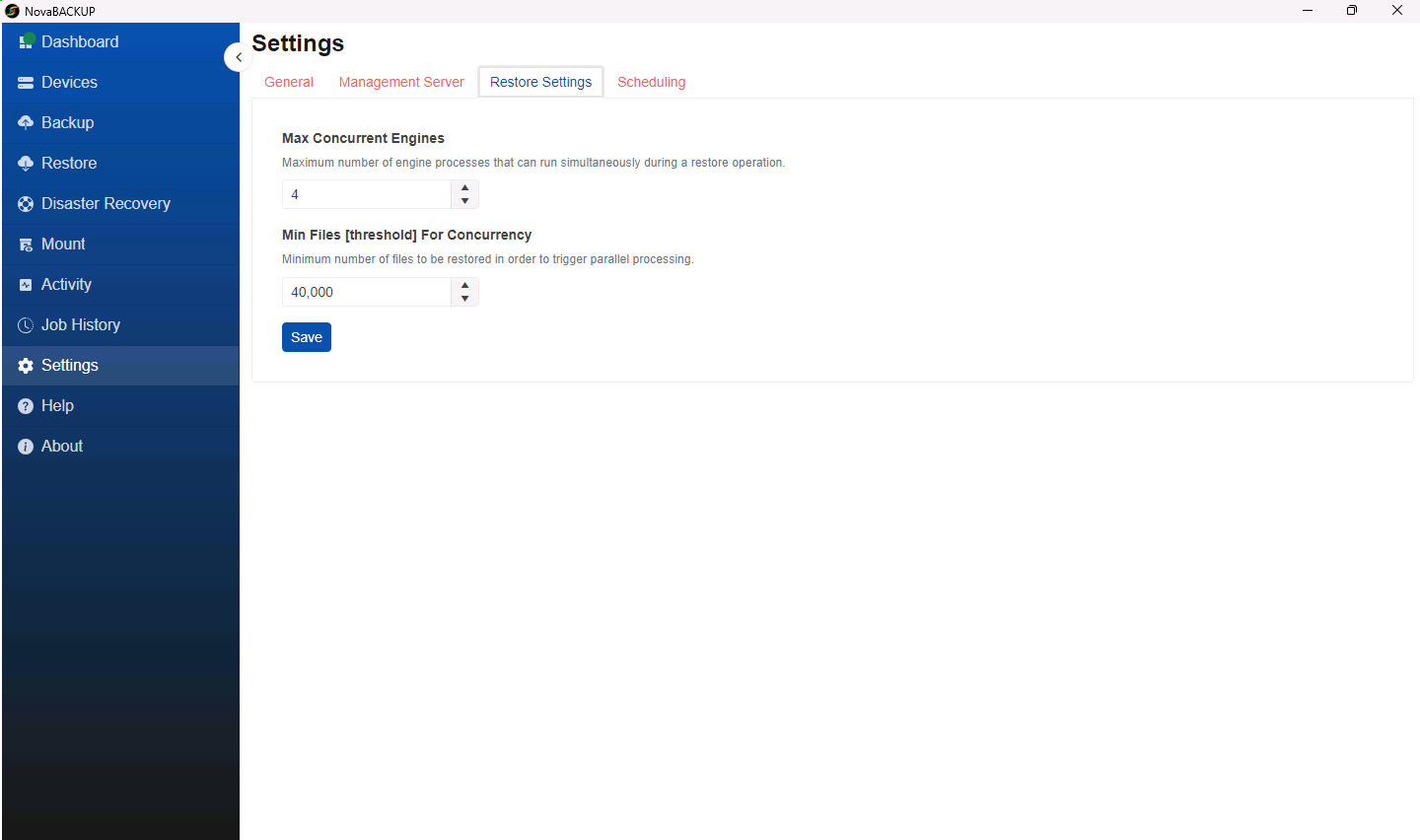 Restore Settings tab with Max Concurrent Engines and Min Files For Concurrency